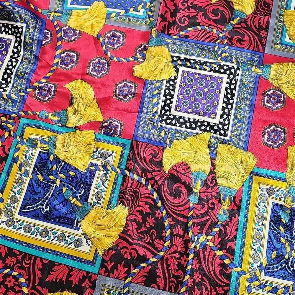 Vtg 90s Satin Baroque Triangle Scarf, Multicolor Tassle & Floral Print 54